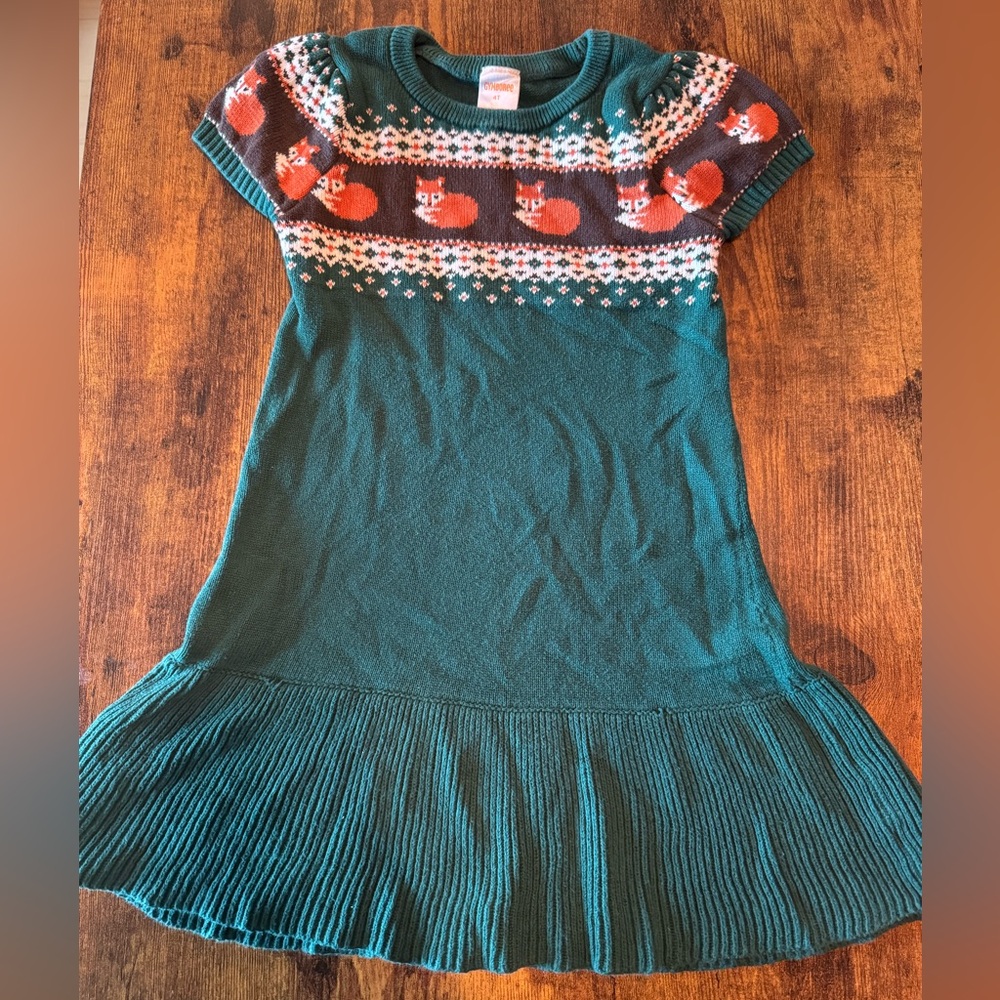 4T Forest Green Fair Isle Sweater Dress with Fox motif